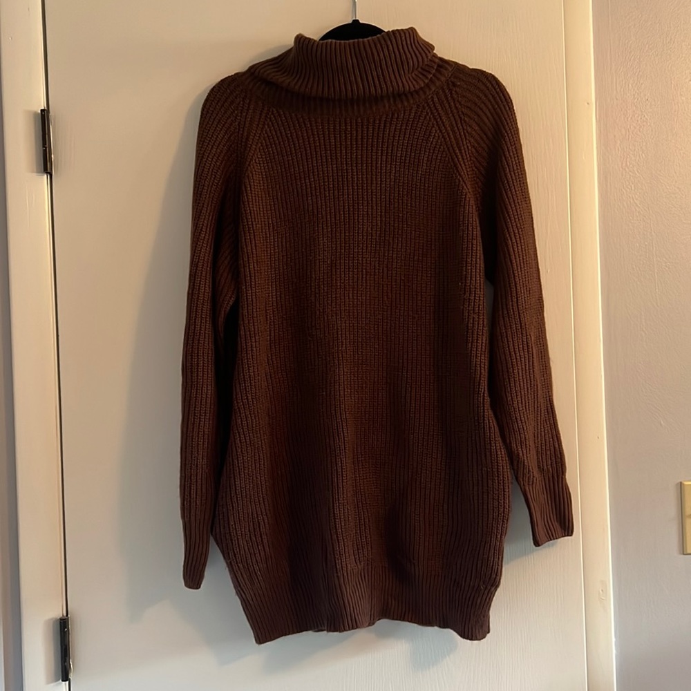 Brown turtleneck sweater dress with pockets
